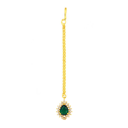 Gold Plated Green AD Maang Tikka for Women