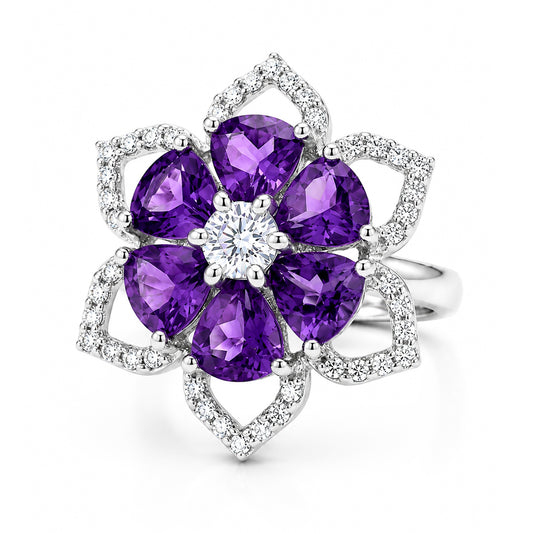Rhodium Plated Purple AD Floral Finger Ring for Women