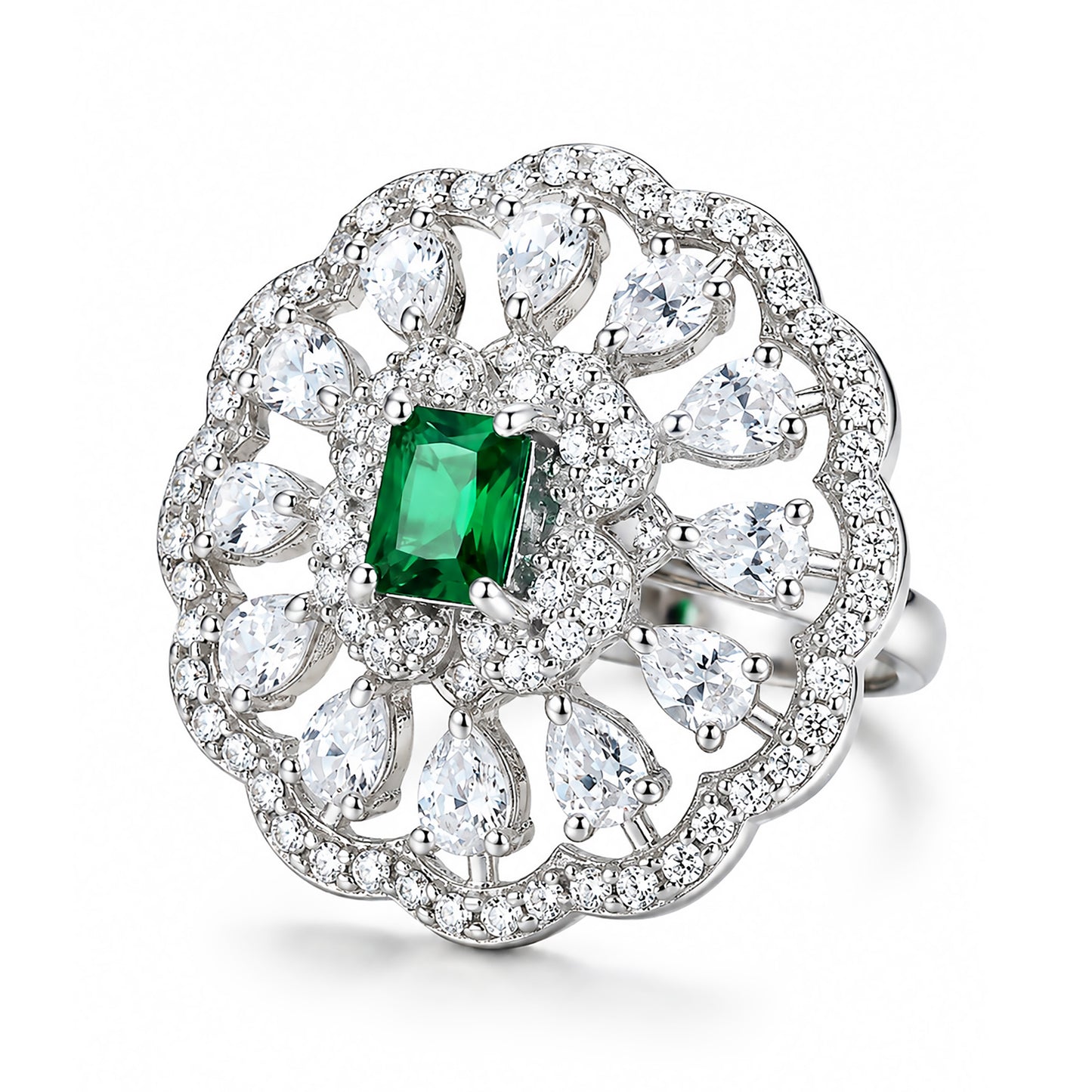 Rhodium Plated Green AD Finger Ring for Women