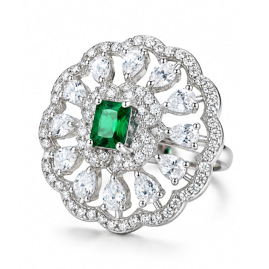Rhodium Plated Green AD Finger Ring for Women