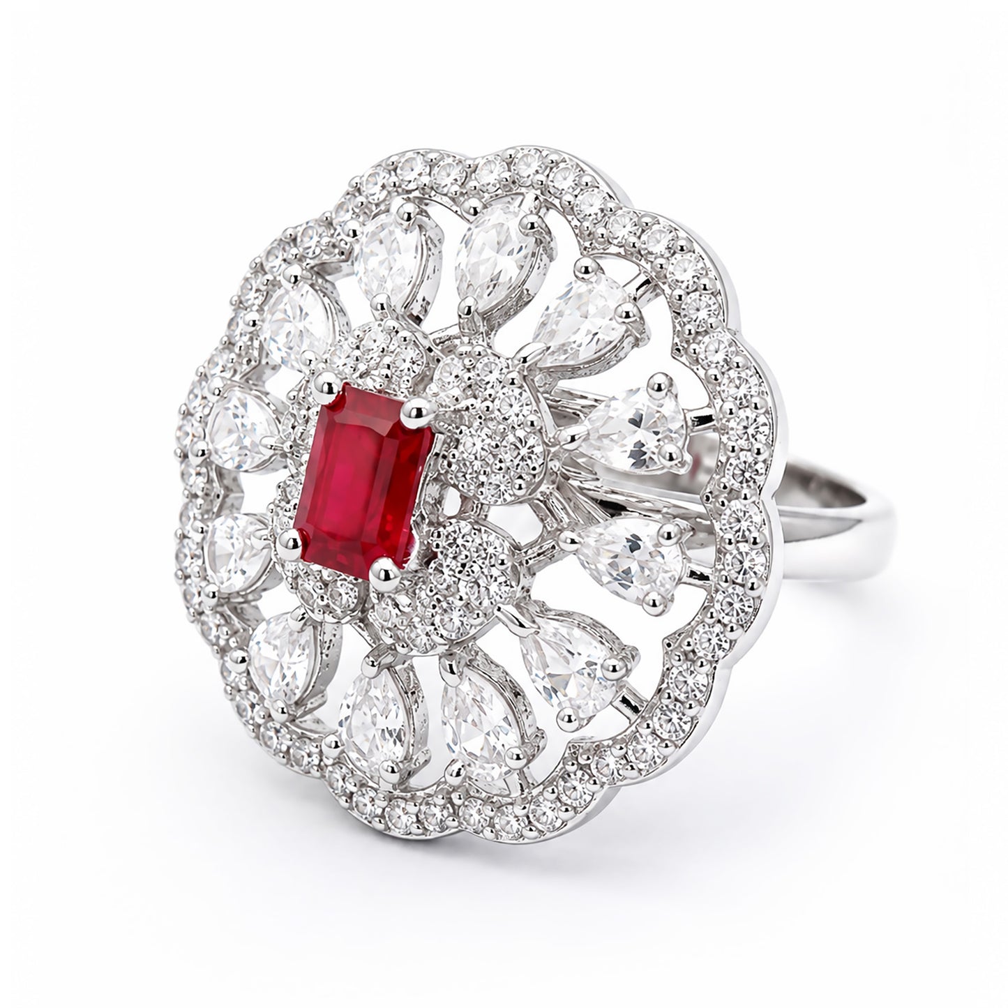 Rhodium Plated Red AD Finger Ring for Women