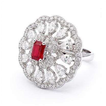 Rhodium Plated Red AD Finger Ring for Women
