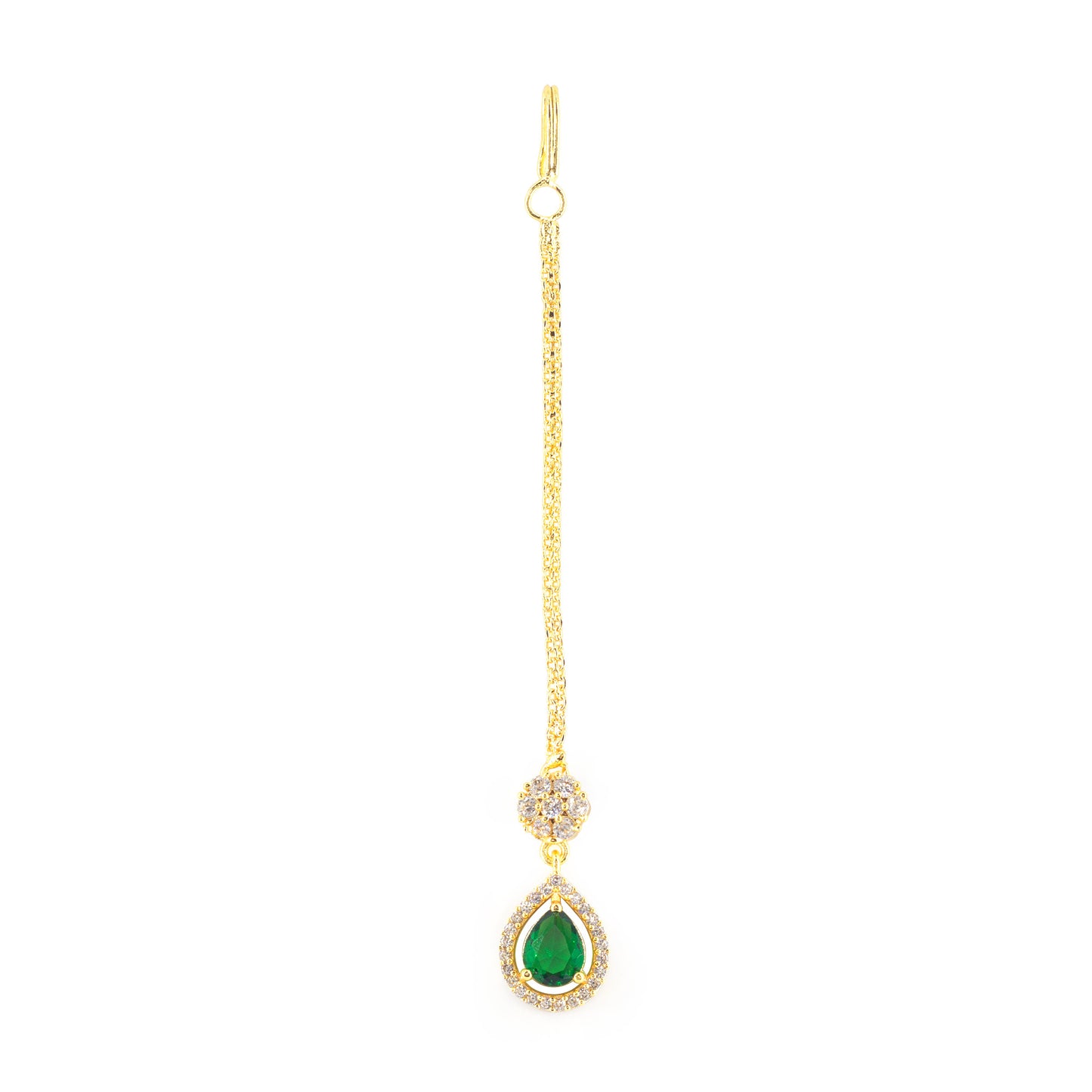 Gold Plated Green AD Teardrop Maang Tikka for Women