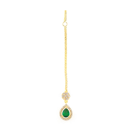 Gold Plated Green AD Teardrop Maang Tikka for Women