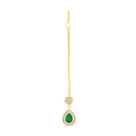Gold Plated Green AD Teardrop Maang Tikka for Women