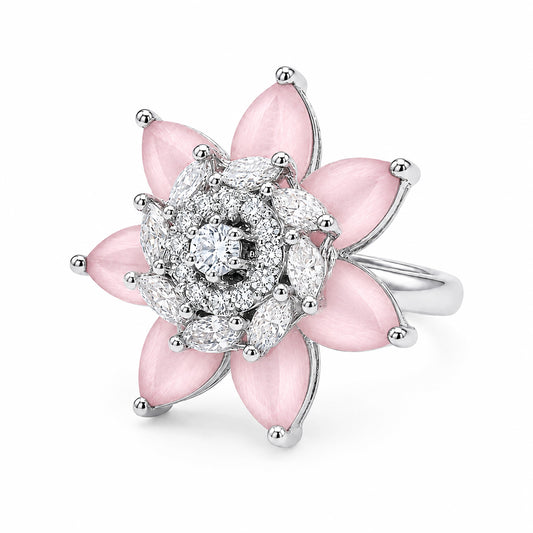 Rhodium Plated Pink AD Floral Finger Ring for Women