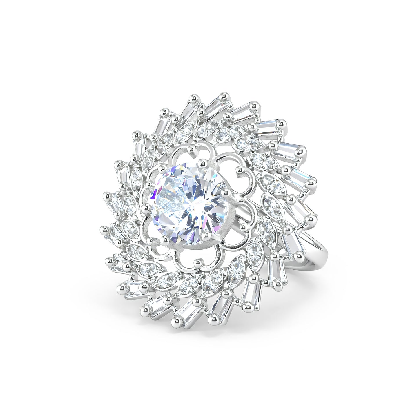 Silver Plated White AD Floral Adjustable Ring for Women