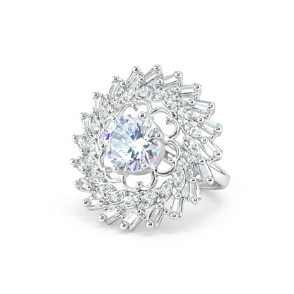 Silver Plated White AD Floral Adjustable Ring for Women