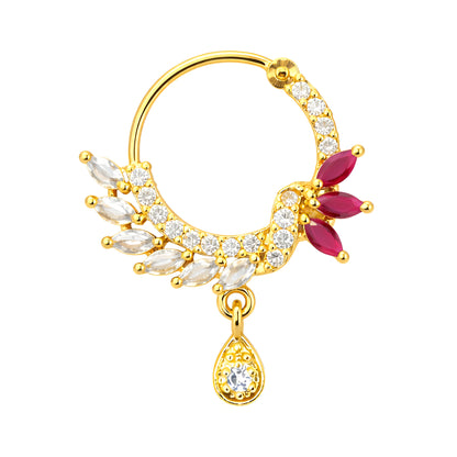 Gold Plated Red & White AD Drop Nose Ring