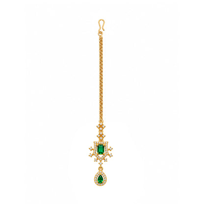 Gold Plated Green AD Maang Tikka for Women