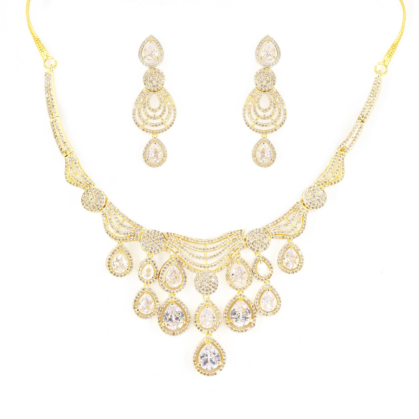 Gold Plated White AD Studded Designer Jewellery Set