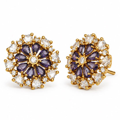 South Indian Gold Plated Purple AD Floral Stud Earrings for Women
