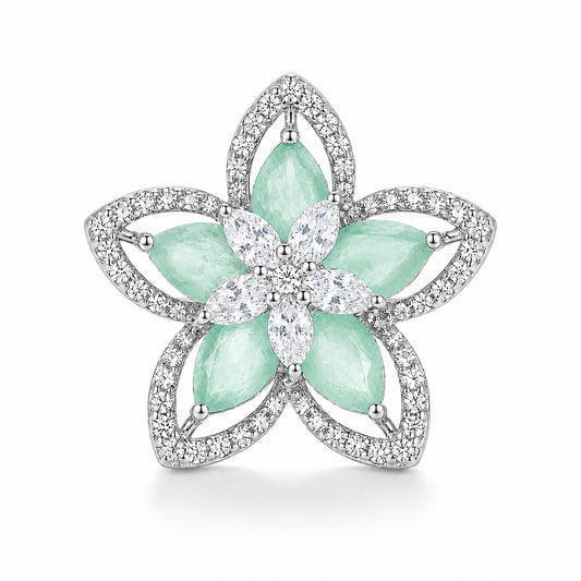 Rhodium Plated Green AD Floral Finger Ring for Women