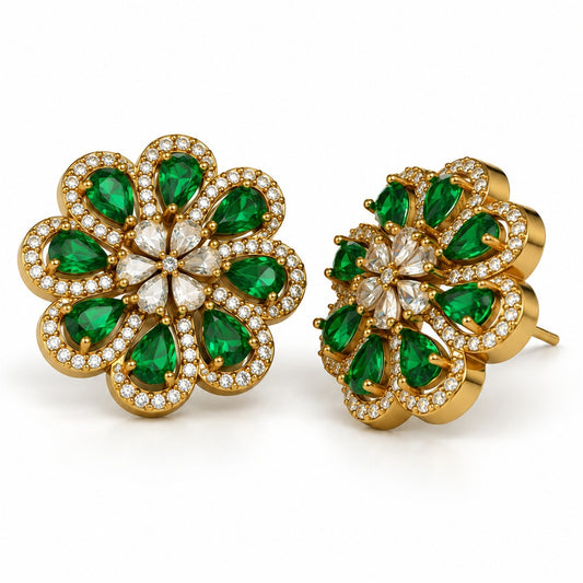 South Indian Gold Plated Green AD Floral Stud Earrings for Women