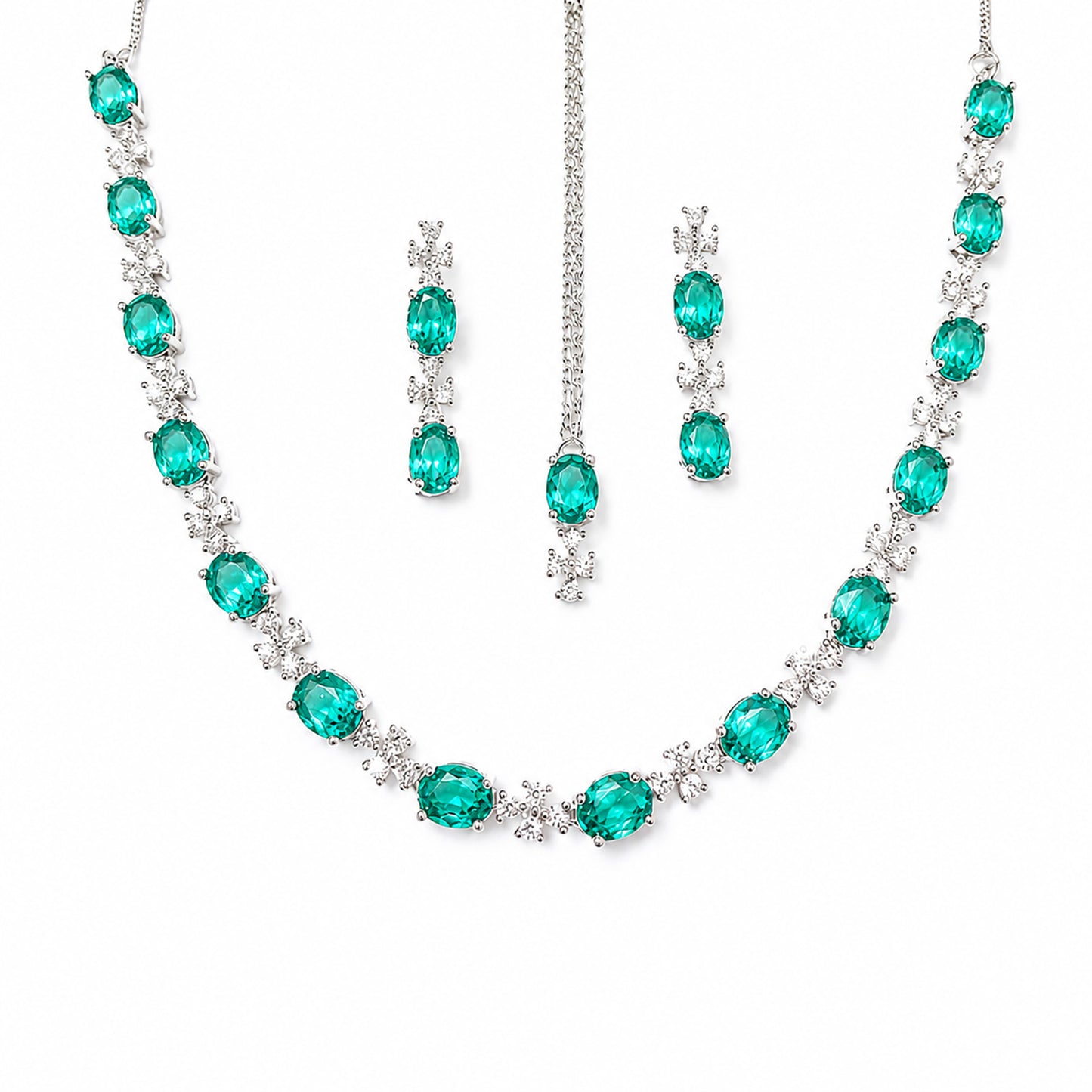 Silver Plated Sea Green AD Jewellery Set for Women