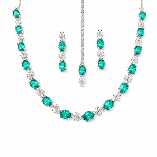 Silver Plated Sea Green AD Jewellery Set for Women