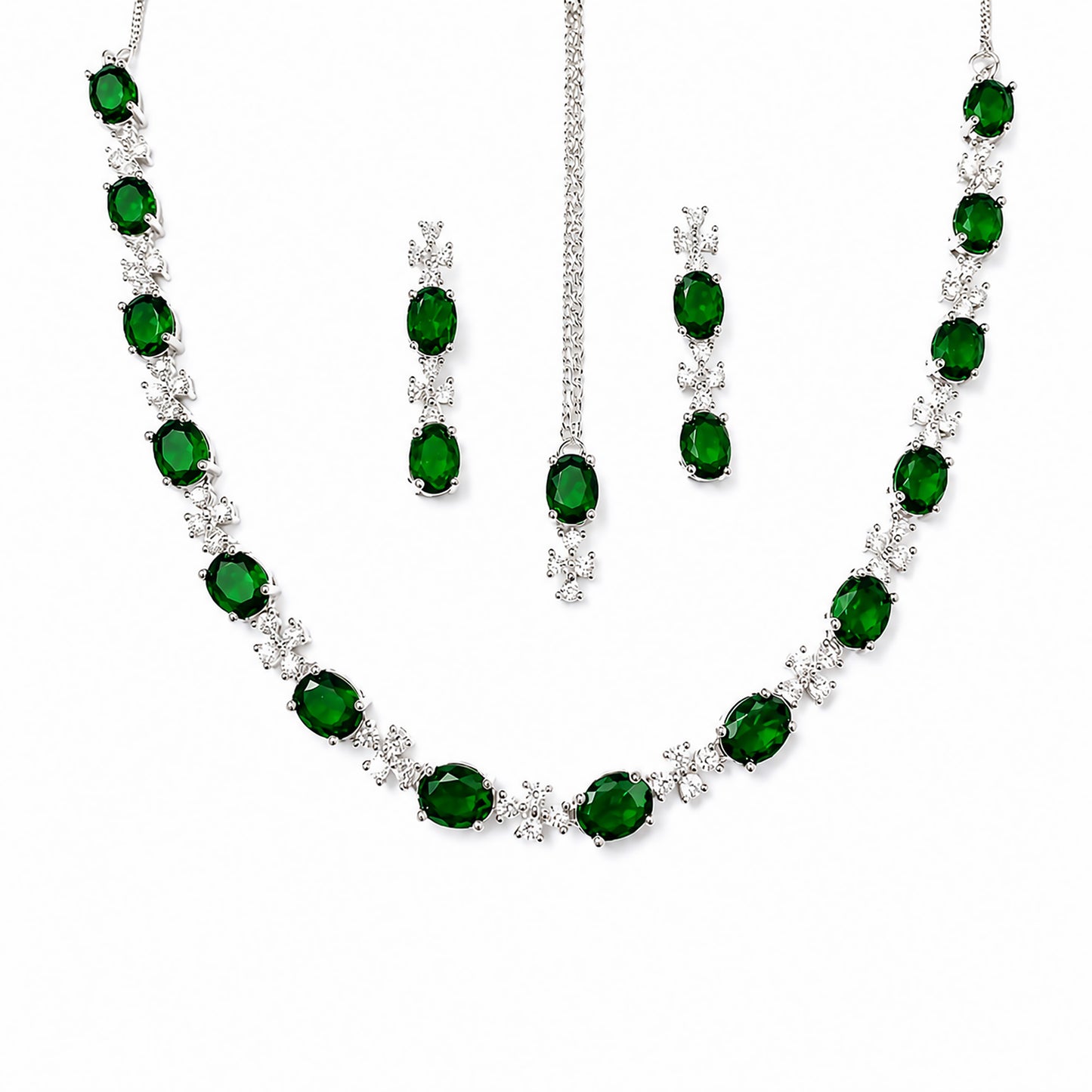 Silver Plated Green AD Jewellery Set for Women