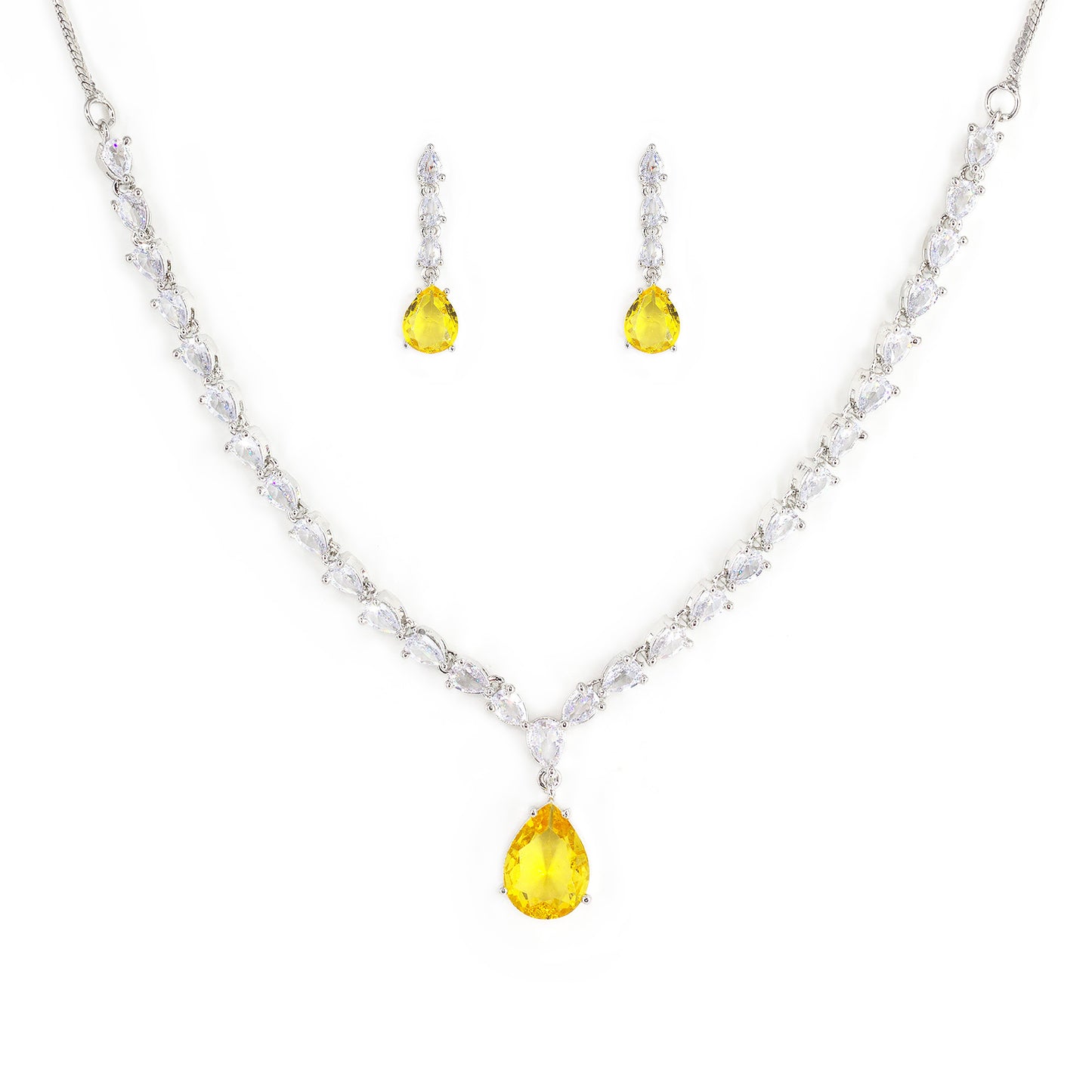 Silver Plated Yellow & White American Diamond Jewellery Set
