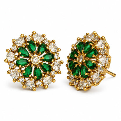 South Indian Gold Plated Green AD Floral Stud Earrings for Women