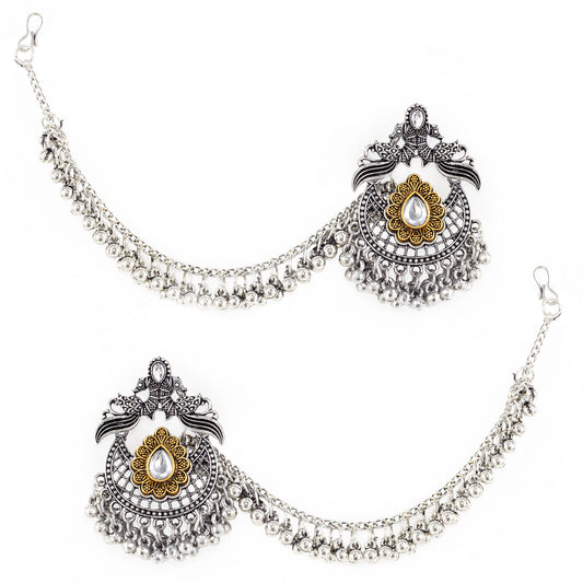 Silver Oxidised Jhumka Earring with Chain for Women