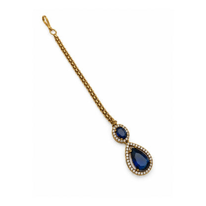 Antique Gold Plated Blue AD Maang Tikka for Women