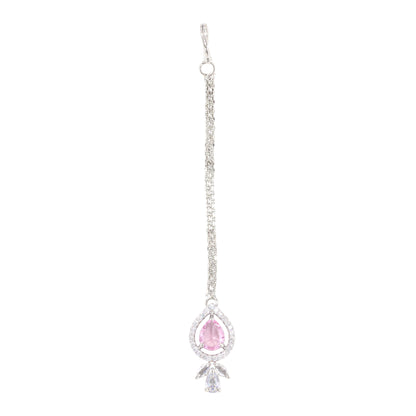 Silver Plated Pink AD Maang Tikka for Women