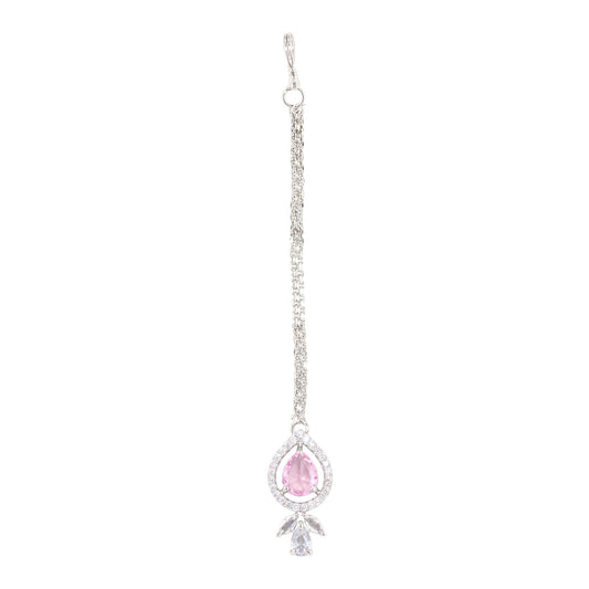 Silver Plated Pink AD Maang Tikka for Women