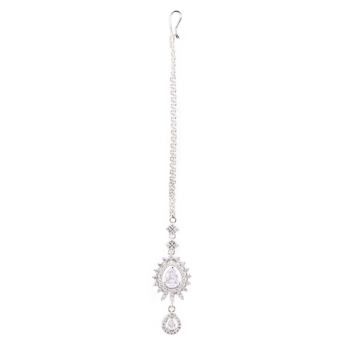 Silver Plated White AD Drop Maang Tikka for Women