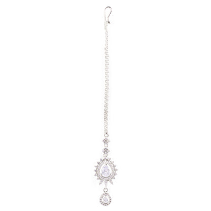 Silver Plated White AD Drop Maang Tikka for Women