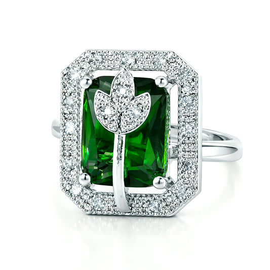 Rhodium Plated Green AD Leaf Adjustable Ring for Women