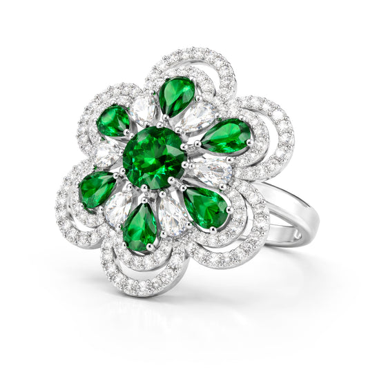 Silver Plated Green AD Floral Adjustable Finger Ring for Women
