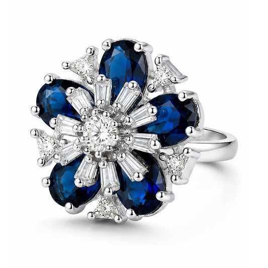 Rhodium Plated Blue AD Floral Finger Ring for Women
