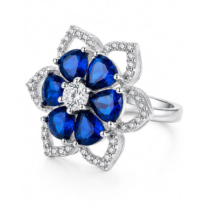 Rhodium Plated Blue AD Floral Finger Ring for Women