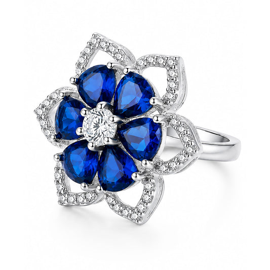 Rhodium Plated Blue AD Floral Finger Ring for Women