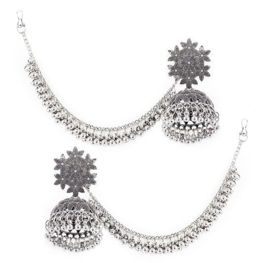 Silver Oxidised Floral Jhumka Earring with Chain for Women