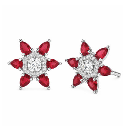 Silver Plated Red AD Floral Stud Earrings for Women