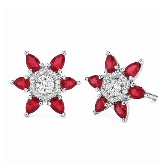 Silver Plated Red AD Floral Stud Earrings for Women