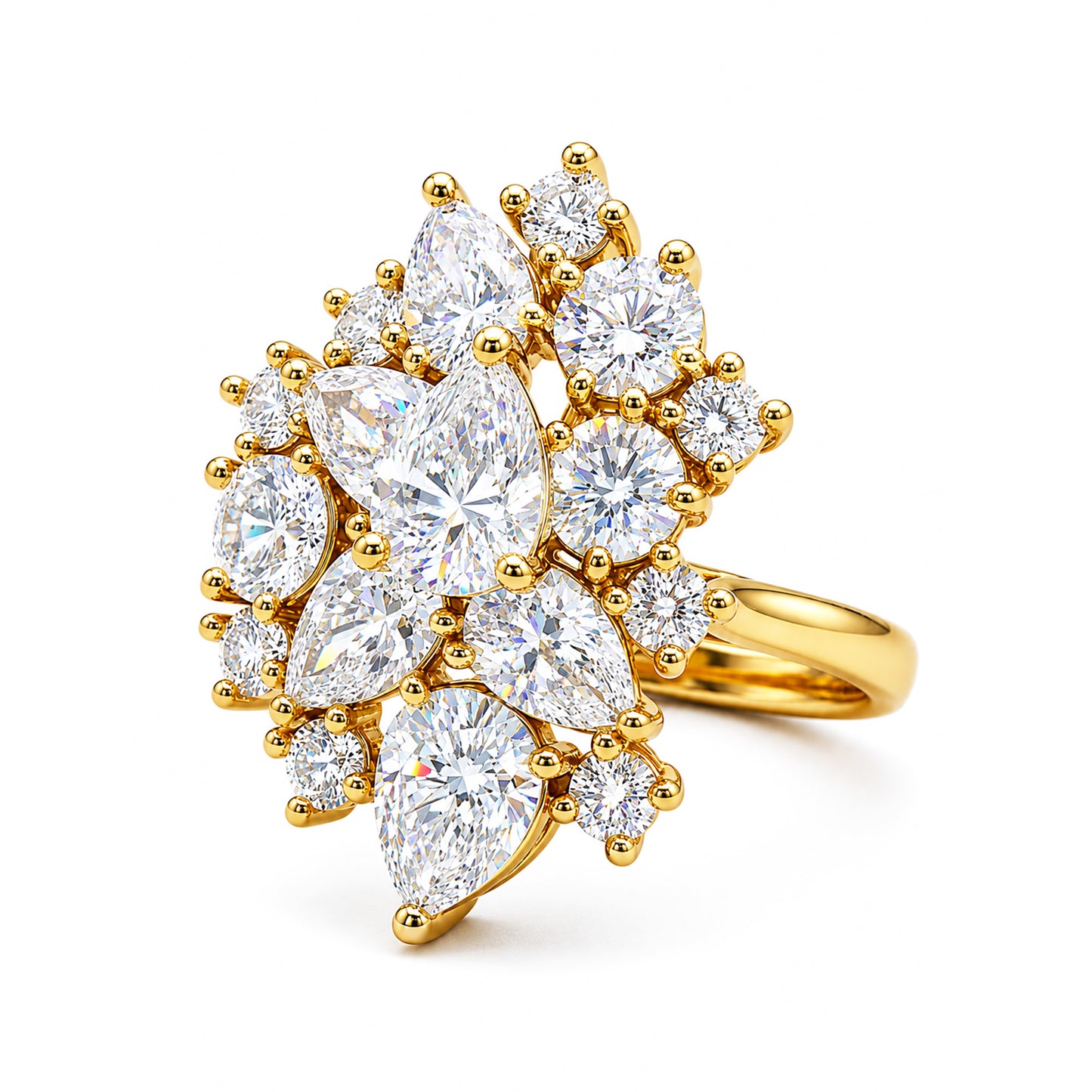 Gold Cluster AD Statement Ring – Pear-Cut Sparkle Design for Women