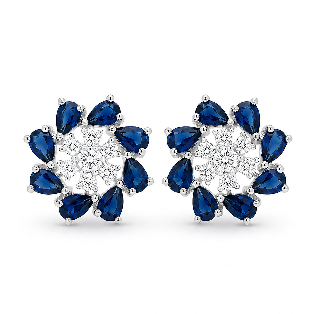 Silver Plated Blue Floral Stud Earrings for Women