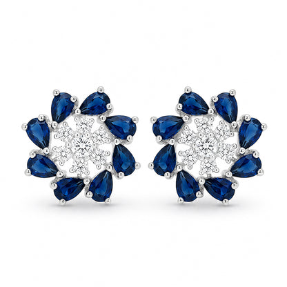Silver Plated Blue Floral Stud Earrings for Women