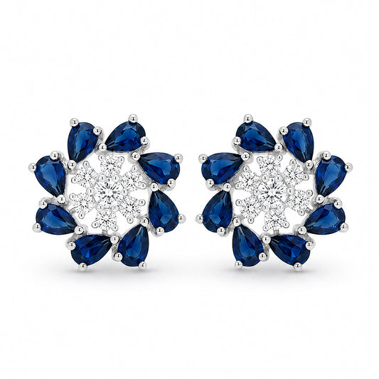 Silver Plated Blue Floral Stud Earrings for Women