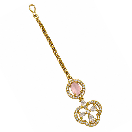 South Indian Gold Plated Pink AD Maang Tikka for Women