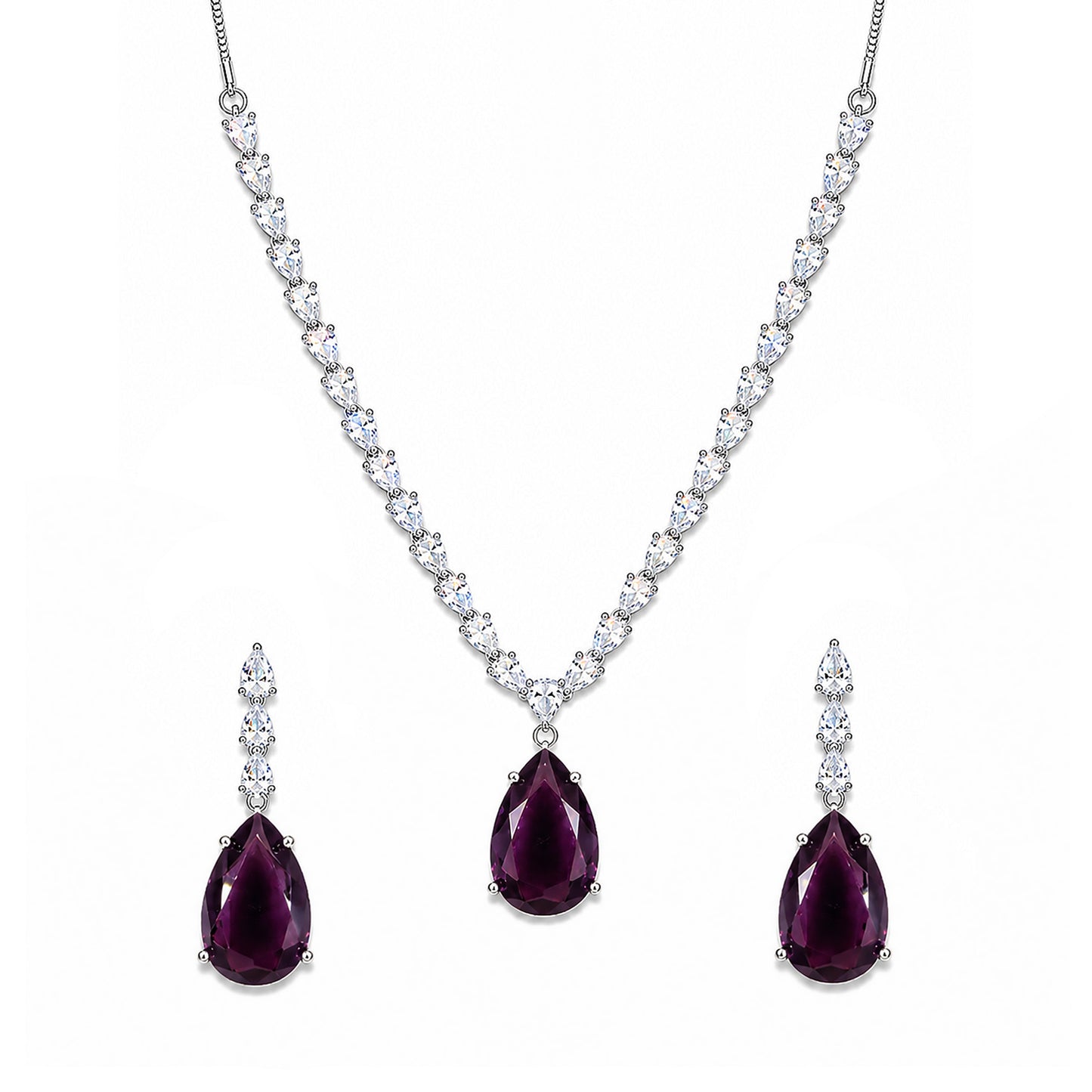 Silver Plated Purple Teardrop AD Jewellery Set for Women