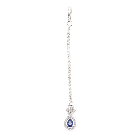 Rhodium Plated Blue AD Teardrop Maang Tikka