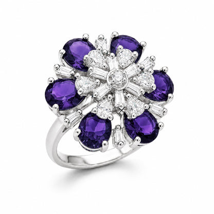 Silver Plated Purple AD Floral Finger Ring for Women