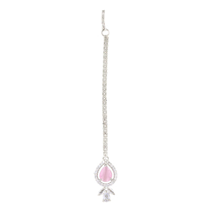 Silver Plated Pink AD Maang Tikka for Women