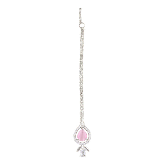 Silver Plated Pink AD Maang Tikka for Women