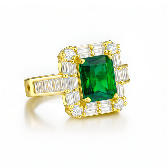 Premium Green Stone AD Ring – Gold Plated | Square-Cut Designer Ring for Women