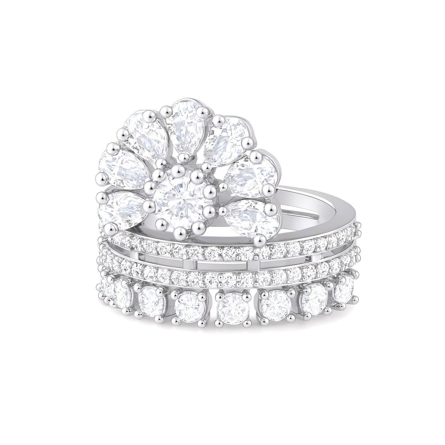 Silver Plated White American Diamond Floral Ring