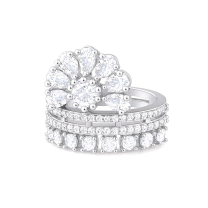 Silver Plated White American Diamond Floral Ring